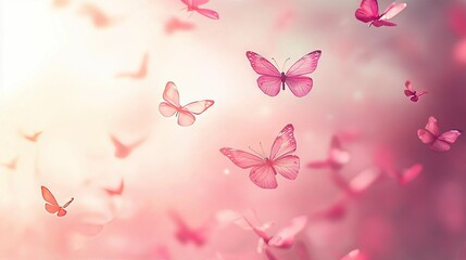 Wall Mural -   Pink butterflies flying in a pink-and-white background against a blurry sky