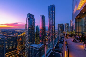 Poster - The city skyline comes alive at dusk as skyscrapers glitter with colorful lights, creating a vibrant atmosphere against the deepening twilight sky