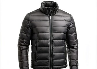 Close-up of a sleek black puffer jacket with a warm and sporty design, showcased on a clean white background, highlighting its stylish and functional details.