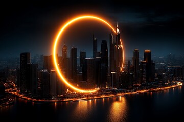 Aufkleber - A futuristic cityscape under the shadow of a solar eclipse, with skyscrapers and neon lights dimmed by the temporary darkness