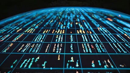 Poster - A spherical data visualization covered in colorful text and numbers, representing global statistics