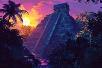 Ancient Mayan Pyramid at Sunset with Jungle Foliage