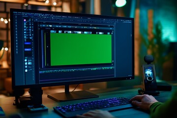 Wall Mural - A video editor concentrates on editing a green screen project on a computer in a contemporary studio, with soft lighting creating a vibrant atmosphere