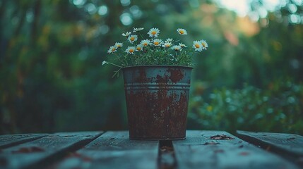 Wall Mural -    a close-up flower pot on a table amidst a blurred backdrop of trees and bushes