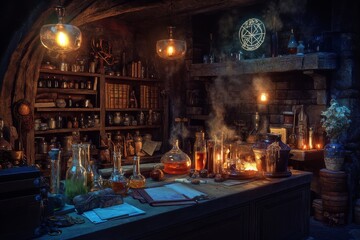 The sorcerer’s laboratory is alive with activity as bubbling potions simmer on the counter, surrounded by ancient spellbooks and mystical artifacts under warm lighting