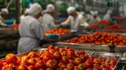 Poster - Workers clad in white uniforms skillfully sort and package plump red tomatoes in a busy processing facility, showcasing the hustle of the harvest season