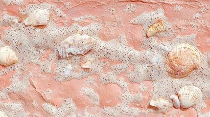 Wall Mural -   A group of sea shells rest atop the sandy shore beside the blue-white foamy sea