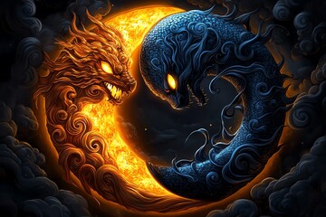 Poster - A magical interpretation of a solar eclipse, with the sun and moon depicted as mythical creatures locked in an eternal dance