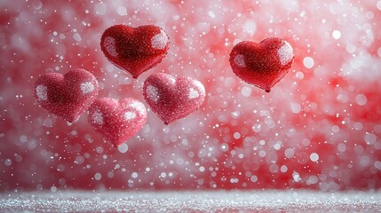 Poster -   Red and white background featuring hearts floating in the sky with snowflakes below