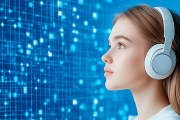 A beautiful woman wearing headphones, with a blue and white grid line blurry background, technology theme