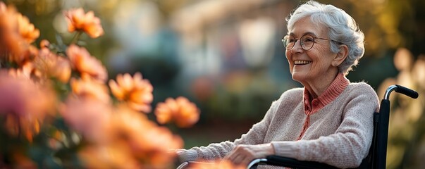 Smiling elderly lady in a wheelchair, immersed in the beauty of garden flowers, conveying warmth and well-being in nursing care, Generative AI