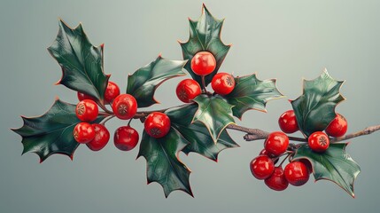 Wall Mural - Holly branch adorned with berries and leaves. illustration of a festive plant