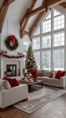 Wall Mural - The inviting living room features high ceilings with wooden beams, white walls, and a charming Christmas tree. Bright red accents and cozy seating create a warm holiday atmosphere