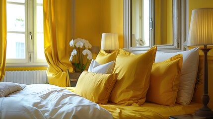 Canvas Print - In the beauty room the bed is made up with fresh yellow pillows and linens