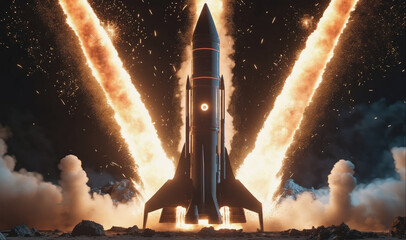 Wall Mural - a black rocket ship blasts off from a launch pad, surrounded by plumes of fire and smoke