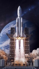 Launch of a futuristic rocket of a spaceship. Fantasy universe, space, planet, future science andtechnology, galactic shuttle innovation, astronomical research