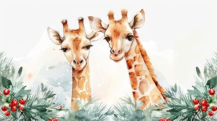 Wall Mural - watercolor illustration of cute giraffe on the Christmas background