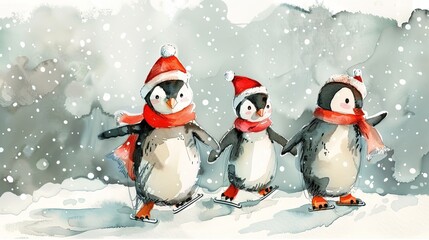 Wall Mural - watercolor illustration of cute penguins skating on the Christmas background