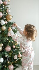 In a cheerful living room, a little girl in soft pajamas carefully hangs a delicate ornament on a beautifully decorated Christmas tree, spreading holiday cheer