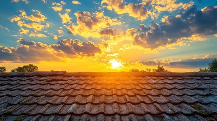 Wall Mural - A beautiful sunset over a tiled roof, showcasing vibrant colors and a serene atmosphere.