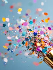 colorful confetti bursts from a golden party horn against a soft blue background during a festive ce