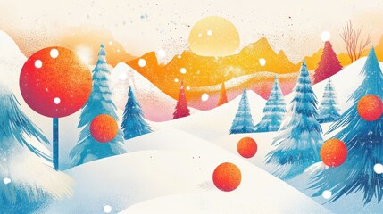 bright retro illustration showcases a whimsical winter landscape with colorful trees, soft snow, and