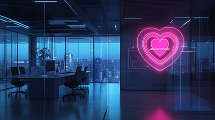 Sticker - Modern Office with Neon Heart Symbol and City Skyline View