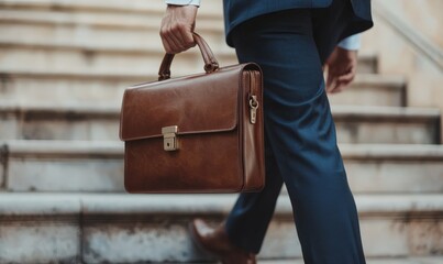 a businessman in a suit with a stylish briefcase going up some stairs