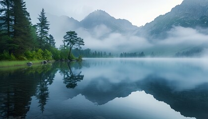 Wall Mural - The misty lakes and mountains complement each other, providing a peaceful and beautiful natural scenery.