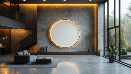 Wall Mural - Modern Loft Interior Design with Circular Wall Art and Large Window