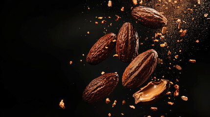 Whole cocoa beans and cocoa nibs exploding in mid-air against a dark background, showcasing the raw ingredients of chocolate making in a dynamic and rustic visual