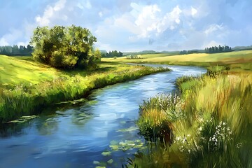 Canvas Print - landscape with river and sky