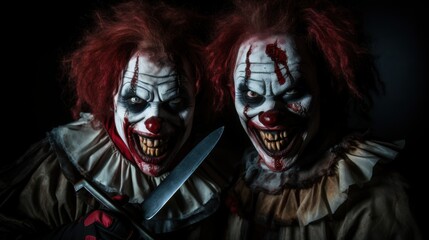 Two scary clowns with a knife. Halloween. Horror film. Halloween. Scary Evil Demon Clown. Horror movie. Halloween concept with copy space. 
