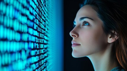 woman in tech, illuminated by blue data light, focused on advanced cybersecurity systems, generative