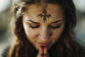 Close-up of woman forehead with ash cross, Christian concept