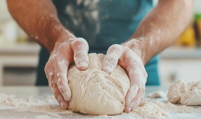 hands of a baker kneading bread dough with flour and water