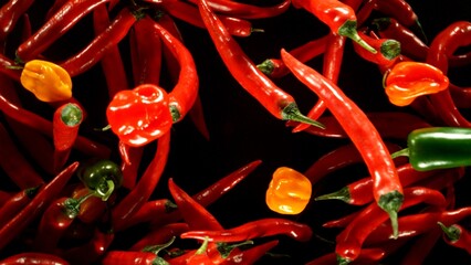 Aufkleber - Group of coloured chilli peppers flying on black background.