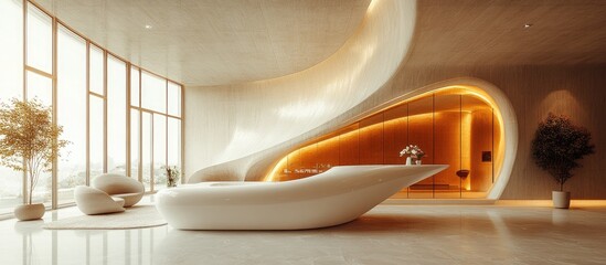 Wall Mural - Modern Minimalist Lobby Design With Curved Walls and White Reception Desk