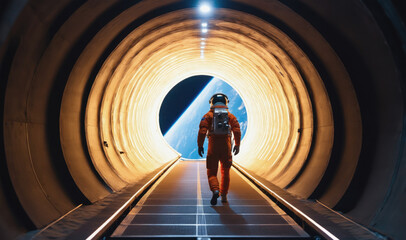 Sticker - An astronaut walks down a long tunnel, toward a bright light at the end, with Earth visible in the distance