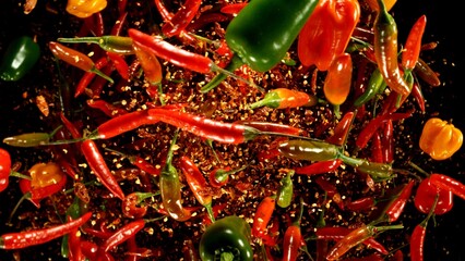 Aufkleber - Group of coloured chilli peppers flying on black background.