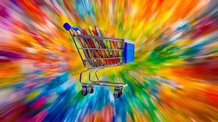 Poster - A Shopping Cart Filled with Colorful Objects Against a Blurred Background