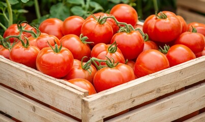 wooden box full of fresh red tomatoes on a farm