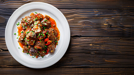 Serving of beef stew with red bell pepper and herbs on a wooden table with a white plate