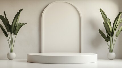 Poster - minimalist display area with curved backdrop and potted plants in a modern interior design setting