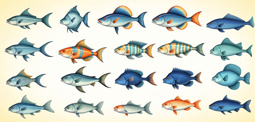 Illustrative and colorful depiction of fishes of different kind in color and shape in a drawn appearing style