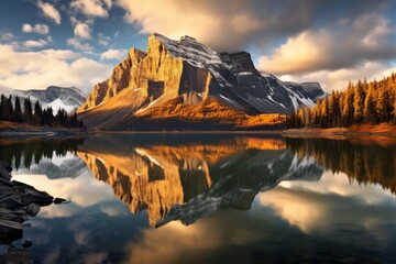 Wall Mural - Panoramic Serenity Lake and Peaks in Light White and Amber Hues