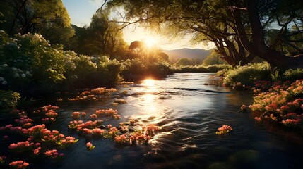 Poster - a river with trees and flowers. 