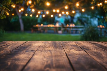 Wooden table in backyard at night with party blurred background