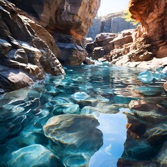 Poster - a clear blue water in a canyon. 