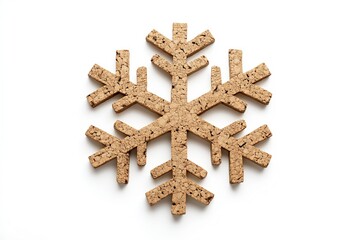 Wall Mural - Handcrafted cork snowflake ornament, eco-friendly and sustainable Christmas decor, rustic and natural design, ideal for green holiday celebrations, white background, selective focus

